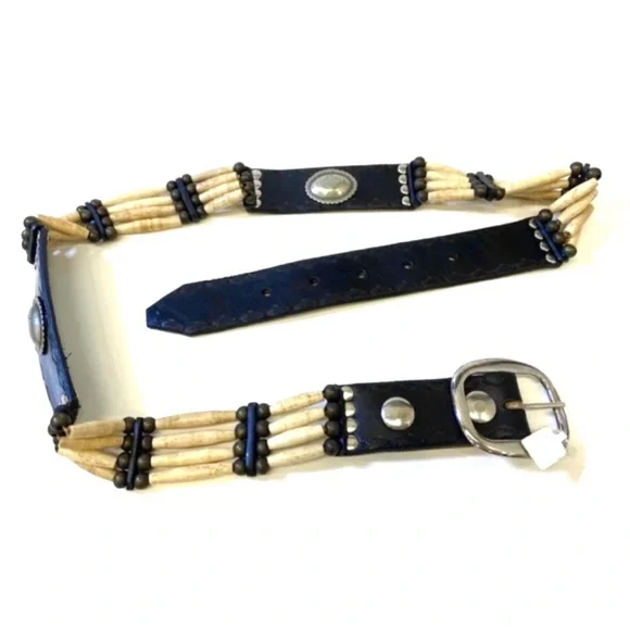 Signed, New Old Stock Vintage Navajo Leather Bone Sterling Silver Belt - Picture 1 of 3